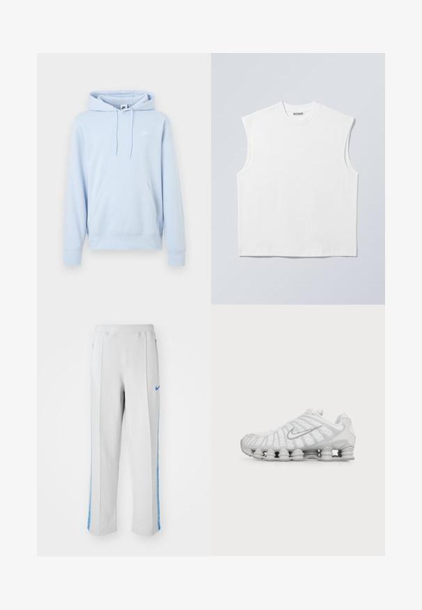 Lyseblå Nike-hoodie med forreste kængurulomme, snøretrækshætte og lille hvid Nike-logo på venstre bryst.; Hvid ærmeløs bomulds top med rund hals og markerede skulderpartier, mærket "WEEKDAY" på halsmærket, vist på lys grå baggrund.; Lys grå sportsbukser med blå sidelister, der har en afslappet pasform, elastisk talje og lynlåslommer. Nike-logo foran.; Hvid Nike løbesko med synlig luftstøbt sål og sølv swoosh-logo på siden, vist fra ydersiden.