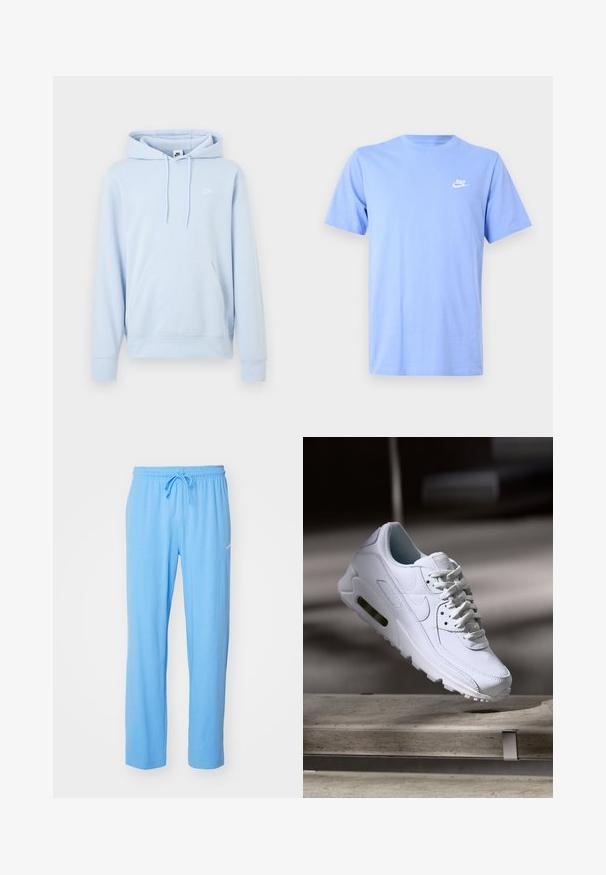 Helehall sinine Nike kapuutsiga dressipluus ees oleva kängurutasku, lõdikumantli ja väikese valge Nike logoga vasakul rinnal.; Hele sinine puuvillast lühikeste varrukatega t-särk, ümar kaelus ja väike valge Nike'i logo vasakul rinnal. Sile tekstuur, igapäevane disain.; Heledad sinised dressipüksid pehmest kangast, millel on elastne vöökoht koos paelaga ja väike logoaktsent puusa lähedal.; Valge nahast tennisete õhustuskujuga pinnad, pehmendustega krae ja nähtav õhuklapp tallas. Omab paelu ja minimaliseeritud disaini.