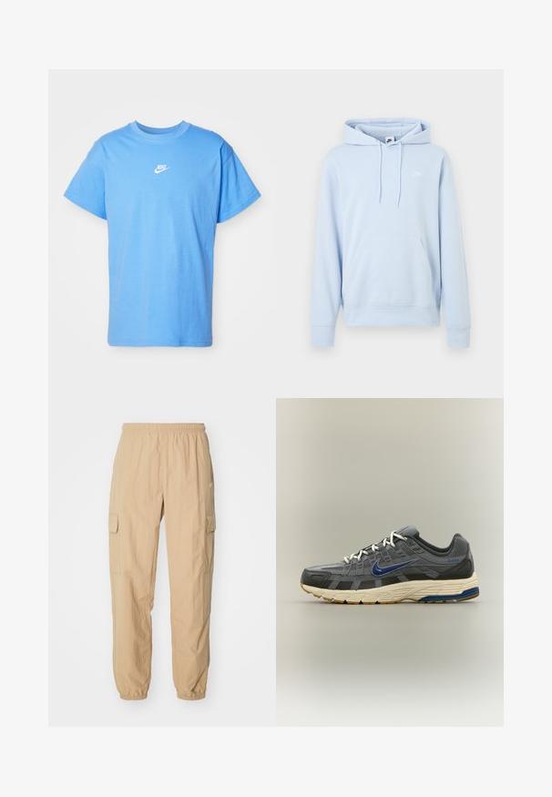 Lyseblå Nike-hoodie med forreste kængurulomme, snøretrækshætte og lille hvid Nike-logo på venstre bryst.; Blå bomulds T-shirt med korte ærmer og rund halsudskæring; har et hvidt Nike-logo på brystet. Enkel, lige skåret design.; Beige cargo bukser lavet af letvægtsstof, med elastisk talje, to sidelommer og elastiske manchetter ved anklerne.; Grå og sort Nike løbesko med blå swoosh-logo, hvide snørebånd og beige sål med blå og brune slidmønster accenter.