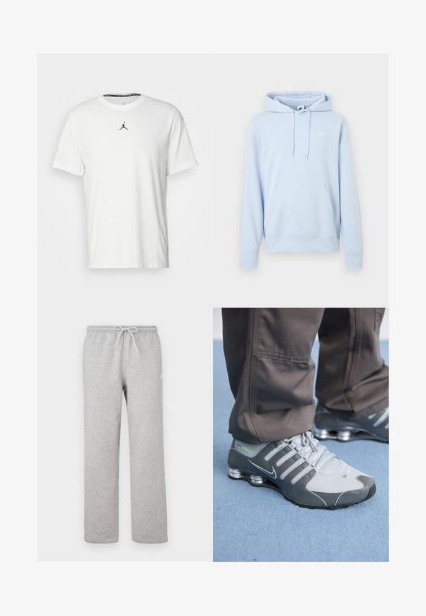 Svetlomodrá mikina Nike s kapucňou na šnúrky, predným klokankovým vreckom a malým bielym logom Nike na ľavej strane hrudníka.; Biely tričko s krátkymi rukávmi vyrobené z bavlny, so siluetou čierneho Jumpman loga na hrudi a okrúhlym výstrihom s čiernou vnútornou etiketou.; Šedé teplákové nohavice s elastickým pásom a šnúrkou. Vyrobené z mäkkej látky, majú rovné nohavice a jemný logotyp.; Šedé a strieborné tenisky Nike Shox majú elegantný dizajn, kombináciu sieťoviny a syntetických materiálov, zaoblenú špičku a polstrovaný golier.