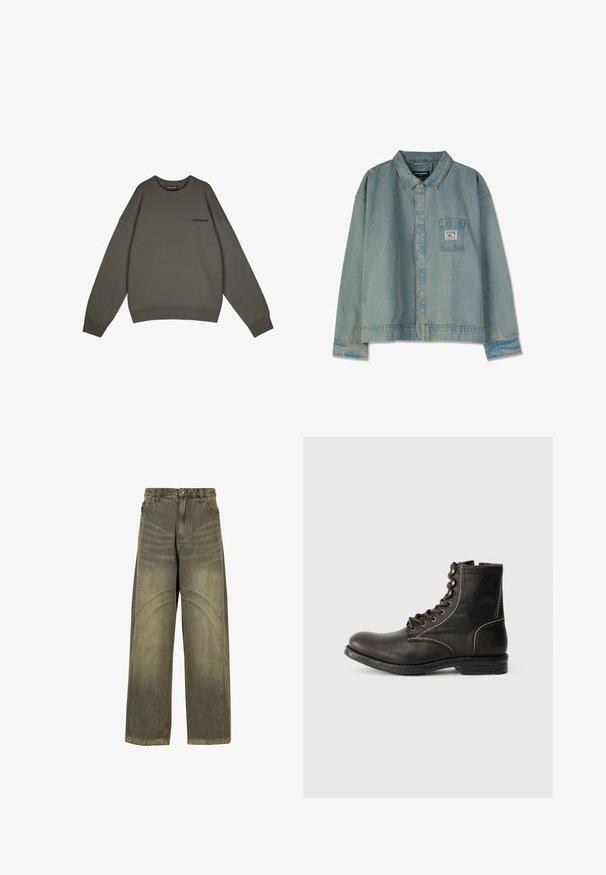 Pegador LOGO - Trui - anthracite; Lichtblauwe spijkerjacket met een puntige kraag, lange mouwen, borstzak en zichtbare stiksels; relaxte pasvorm en versleten textuur.; Wijde spijkerbroeken van olijfgroene denim, met gebogen naadaccenten, klassieke knoopsluiting en een vervaagde afwerking.; Bruine leren enkelboot met een ronde neus, zeven vetergaten, witte stiksels en een gestructureerd oppervlak. Stevige rubberen zool, klassieke stijl.