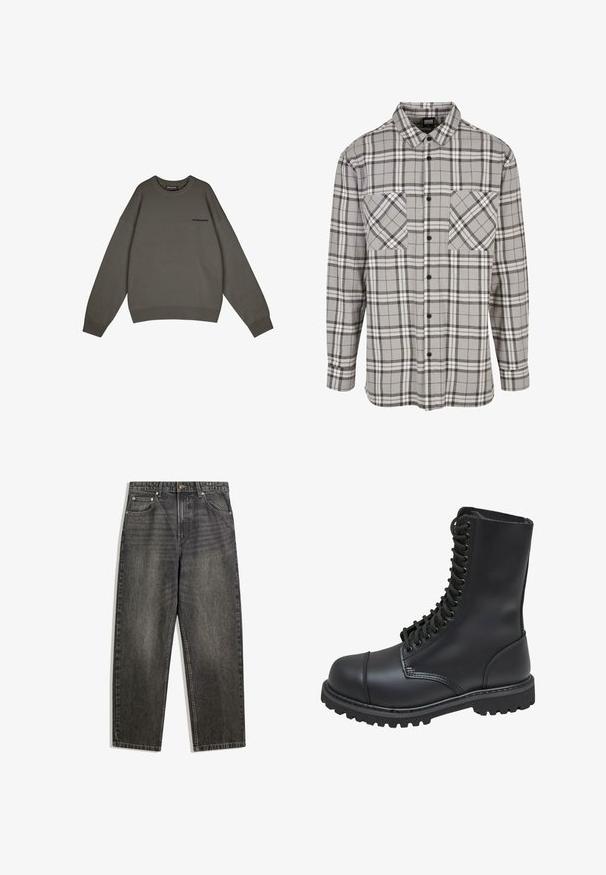 Pegador LOGO - Strickpullover - anthracite; Grau kariertes Langarmhemd aus Stoff mit Knopfverschluss, mit zwei Brusttaschen und klassischem Kragen.; Schwarze Jeans aus Denim mit entspannter Passform, fünf Taschen, Knopfverschluss und dezentem Verblassen in der Stoffstruktur.; Schwarze Lederkampfstiefel mit hohem Schaft, Schnürung an der Vorderseite, gepolstertem Kragen und rutschfester, strukturierter Sohle für guten Halt. Mit verstärkter Zehenkappe.