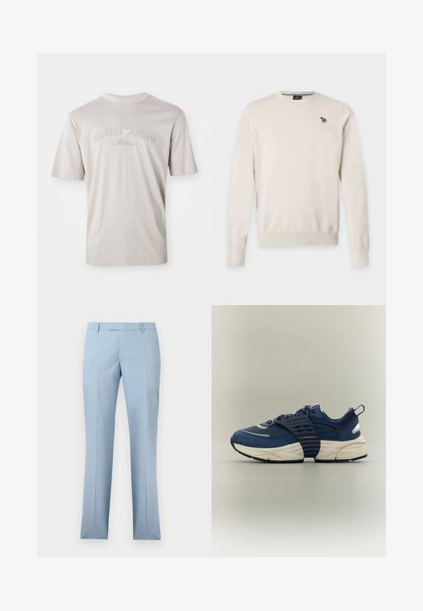 Crèmekleurige trui met lange mouwen en een ronde hals, met een klein zebra-logo op de linkerborst en geribde boorden en zoom.; Lichtbeige t-shirt met korte mouwen van zachte stof, voorzien van een geborduurd "Emporio Armani Milano" logo in een iets donkere tint.; Lichtblauwe, op maat gemaakte herenkostuurbroek met riemlussen en een rits aan de voorkant, afgebeeld tegen een witte achtergrond.; Navyblauwe sneakers met mesh- en suède materialen, een dikke witte tussenzool en opvallende branding aan de zijkant. Trek lus aan de hiel.
