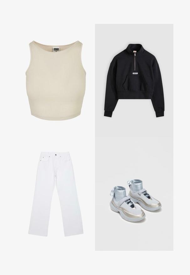 Musta lyhyt collegepaita, valmistettu puuvillasekoitteesta. Siinä on puolivetoketju, korkea kaulus ja etupuolella kengurutasku, jossa valkoinen logolaatta.; Beige ribattu karke neknye rundi na sleeveless karka. Yana da zane mai sauki da kuma alamar kamfani da ba ta bayyana ba a cikin wuyansa.; Valkoiset suorat farkut, joissa on viisi taskua, vyölenkit ja edessä nappi- ja vetoketjusuljin, asetettu tasaisena valkoiselle taustalle.; Valkoiset ja hopeanväriset korkeat tennarit, joissa leveät hihnakinnitukset ja nauhat nilkan ympärillä, esillä yksinkertaisen vaaleanharmaan taustan edessä.