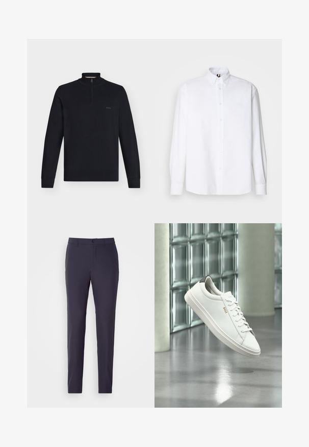 Jersey de punto negro de manga larga con cuello con cremallera hasta la mitad, puños y bajo acanalados, y pequeño logo "BOSS" en el lado izquierdo del pecho.; Camisa blanca de manga larga y cierre de botones, hecha de algodón, con un cuello clásico y un sutil detalle bordado en el pecho. Textura suave, corte regular.; Pantalones azul marino con corte recto, hechos de una tela suave. Presentan un cierre de botón, bolsillos laterales y un diseño frontal plano.; Zapatilla deportiva de piel blanca de corte bajo con cordones, lengüeta negra en el talón y logo "BOSS", flotando en interiores cerca de una pared de bloques de vidrio y suelo pulido.