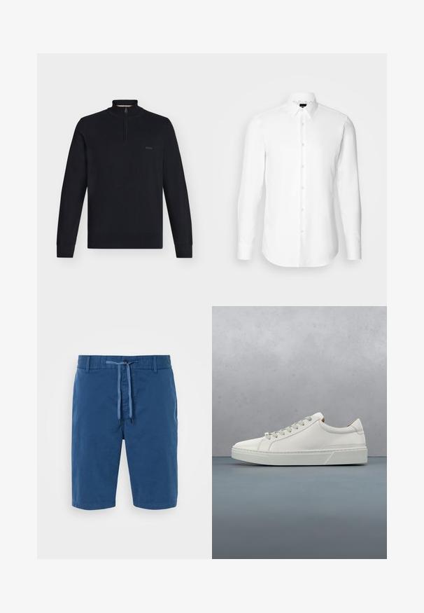 Zwarte, langärmige, gebreide trui met halve ritssluiting bij de kraag, geribde manchetten, zoom en klein "BOSS"-logo op de linkerborst.; Witte blouse met lange mouwen, knoopsluiting aan de voorkant, klassieke kraag, gemaakt van gladde stof met een subtiele textuur, ontworpen voor een aansluitende pasvorm.; Blauwe katoenen shorts met een elastische tailleband, een striksluiting, zijzakken en een gladde textuur. Geen patronen of accenten zichtbaar.; Witte leren sneaker met een ronde neus, minimalistisch ontwerp, grijze veters en een gestructureerde grijze rubberen zool. Fijne stikdetails zichtbaar.
