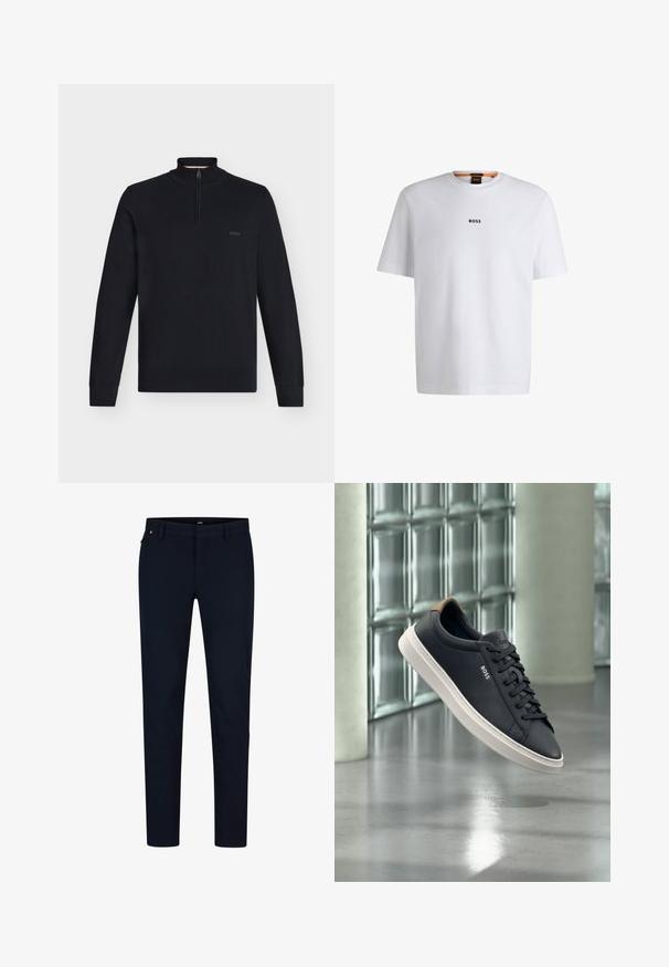 Sort langærmet striktrøje med halv lynlåskrave, ribstrikkede manchetter, kant og lille "BOSS"-logo på venstre bryst.; Hvid bomuld T-shirt med korte ærmer, med et sort "BOSS" logo centreret på brystet og en rund halsudskæring.; Marinebukser lavet af glat stof, med en slim fit, bæltestropper og en skjult lynlås. Ingen bemærkelsesværdige mønstre eller accenter.; Sort lavt snøresneaker med hvid sål og brun hælkappe, mærket "BOSS", svævende indendørs nær en væg af glasblokke.
