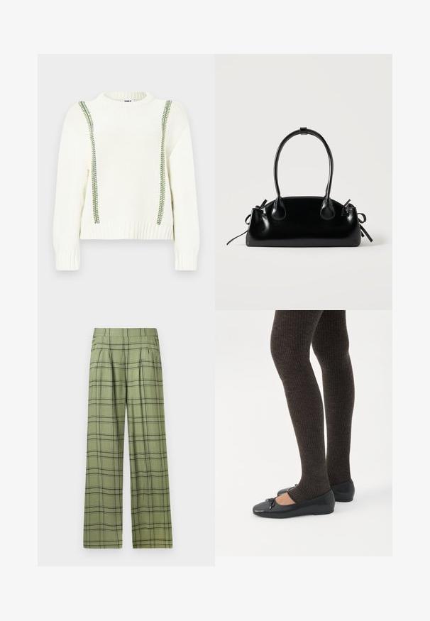 Suéter blanco de punto con detalles en costuras verdes a lo largo de los hombros y los costados, con dobladillo y puños acanalados. Diseño cómodo y casual.; Pantalones de pierna ancha en verde con un patrón de cuadros en negro, cintura alta, pliegues frontales y bolsillos laterales.; Piernas con leggings oscuros acanalados combinados con bailarinas negras que presentan pequeños detalles de lazo sobre un fondo blanco.; Pequeño bolso negro brillante con dos asas largas y detalles de cordón lateral sobre un fondo claro liso.