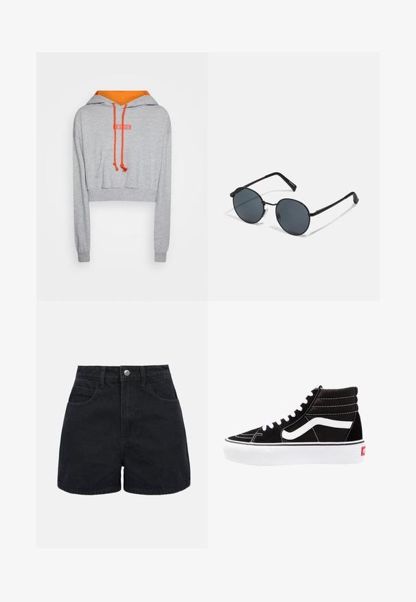 Grau geschnittenes Hoodie mit orangefarbenen Kordeln und Innenfutter. Verfügt über eine Fronttasche und ein rotes "LEVI'S"-Logo im Brustbereich.; Schwarze High-Waist-Jeansshorts mit vorderer Knopfleiste, Gürtelschlaufen und zwei Vordertaschen auf weißem Hintergrund.; Schwarze High-Top-Sneaker mit weißen Schnürsenkeln, einem weißen Logo und kontrastierendem weißen Nähten. Verfügt über eine dicke weiße Sohle und ein strukturiertes Wildleder-Obermaterial.; Schwarze Metal-Sonnenbrille mit runden Gläsern, dunkler Tönung, schlanken Bügeln und verstellbaren Nasenpolstern, mit einem minimalistischen Design und ohne sichtbares Branding.