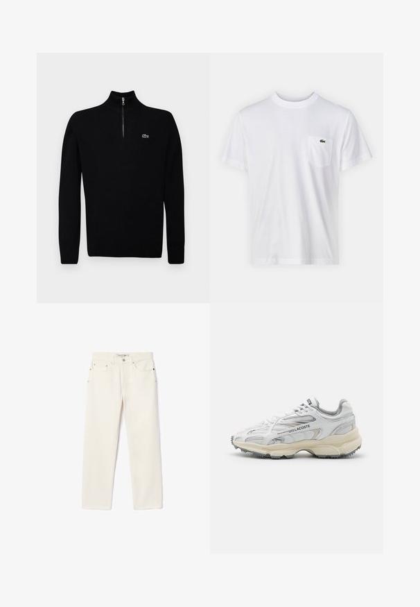 Sort letvægts sweater med halv-zip krave, ribbede manchetter og kant, med et lille grønt logo på brystet.; Hvid bomulds T-shirt med rund halsudskæring og korte ærmer. Har en lomme på venstre bryst og et lille grønt Lacoste-logo.; Cremefarvede denimjeans med lige ben, der har to forlommer, en knaplukning og diskret branding nær taljen.; Hvide sportssko med grå detaljer, overdel i mesh og syntetiske materialer, snørebåndsdesign og tekstureret gummisål med grebemønstre.