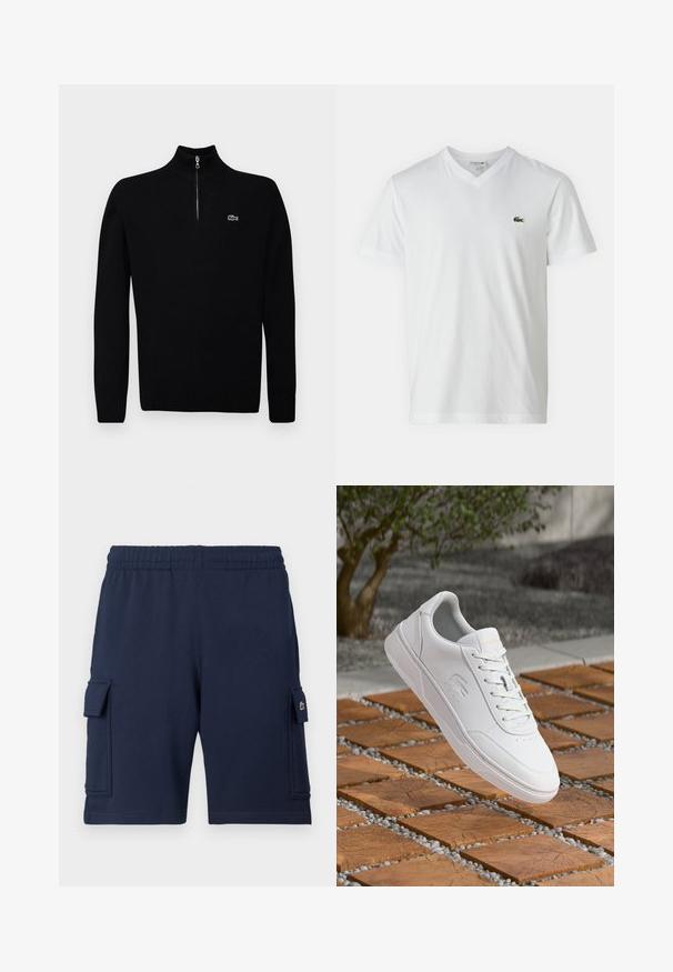 Schwarzer leichter Pullover mit einem halben Reißverschlusskragen, gerippten Bündchen und Saum, versehen mit einem kleinen grünen Logo auf der Brust.; Weißes Baumwoll-T-Shirt mit V-Ausschnitt, kurzen Ärmeln und kleinem grünen Krokodil-Logo auf der linken Brust. Einfaches und leichtes Design.; Marineblaue Cargo-Shorts aus weichem Stoff, mit einem elastischen Bund, zwei Seitentaschen und einem kleinen Logoakzent auf der linken Tasche.; Weißer Lacoste-Sneaker mit Schnürsenkeln, der über quadratischen Holzkacheln und kleinen grauen Kieselsteinen schwebt, unscharfer Baum und Wand im Hintergrund.