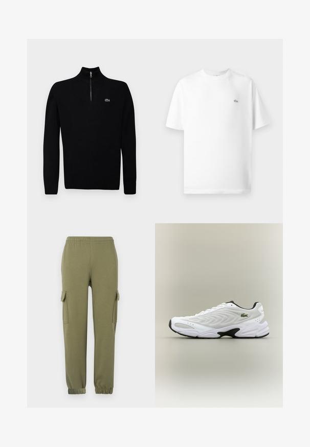 Sort letvægts sweater med halv-zip krave, ribbede manchetter og kant, med et lille grønt logo på brystet.; Hvid bomulds t-shirt med rund hals og korte ærmer. Har et lille sort Lacoste-logo på venstre side af brystet.; Cargo bukser i olivengrønt letvægtsstof, med sidelommer, elastisk talje og taperede manchetter for en tætsiddende pasform.; Hvide atletiske sko med tekstureret mesh-overdel, buet design og kontrasterende sort ydersål. Har en grøn broderet logo på siden.