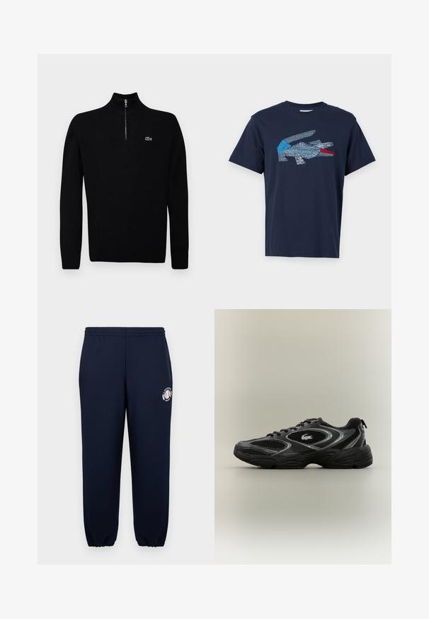 Čierny ľahký sveter s polozipovým golierom, rebrovanými manžetami a lemom, s malým zeleným logom na hrudi.; Lacoste Tričko s potlačou - dark blue; Námornícke modré tepláky vyrobené z jemnej bavlny s elastickými manžetami a pásom. Na ľavej nohe sa nachádza biele logo Lacoste Paris.; Čierne a šedé atletické tenisky s sieťkovými panelmi, šnurovací dizajn, hrubá podrážka a malá krokodílová logo na boku.