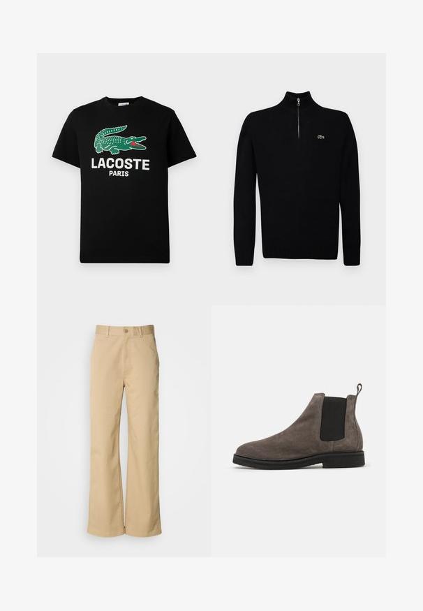 Must musta kerged sviiter pooltõmblusega kraega, ribadest varrukate ja allosa, millel on rinnal väike roheline logo.; Must must särk mustast puuvillast, kus on roheline krokodilli logo ja valge tekst "LACOSTE PARIS". Lühikesed varrukad ja klassikaline ümmargune kaelus.; Bežid, laiused püksid, mis on valmistatud puuvillasegust. Omavad nupuvärvi ja vööaukude. Sujuv tekstuur, kus on minimaalsed õmbluse detailid.; Hallhalli hallidest Chelsea saapad elastsete külgpanelidega, ümar nina ja tõmbeaas. Lame must kummitald. Lihtne ja stiliseeritud disain.