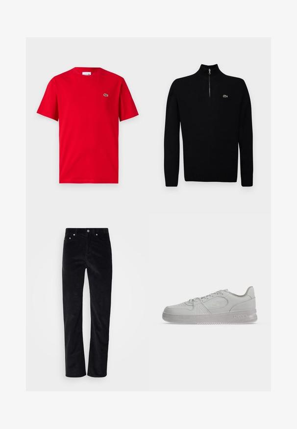 Schwarzer leichter Pullover mit einem halben Reißverschlusskragen, gerippten Bündchen und Saum, versehen mit einem kleinen grünen Logo auf der Brust.; Rotes Baumwoll-T-Shirt mit kurzen Ärmeln, Rundhalsausschnitt und kleinem grünen Krokodil-Logo auf der linken Brust. Glatte Textur, lässige Passform.; Schwarze Cordhosen mit geradem Schnitt. Mit einem Knopfverschluss und Fünf-Taschen-Design. Strukturierter, gerippter Stoff.; Weißer, flacher Lacoste-Sneaker mit Schnürsenkeln, geprägtem Logo an der Seite und strukturierter Sohle auf einfachem Hintergrund.