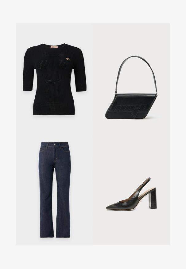 Sort ribbet strikket top med korte ærmer, der har subtile mønstre og en guldfarvet logo detalje nær halsudskæringen.; Mørkeblå denimjeans med lige ben-design, der har en knaplukning, fem lommer og kontrasterende orange syninger.; Sort læder peep-toe slingback sko med høj blokhæl og beige indvendig foring mod en ensfarvet lys baggrund.; Sort skuldertaske i læder med trekantet form, præget logo og en enkelt justerbar rem. Minimalistisk design med glat tekstur.