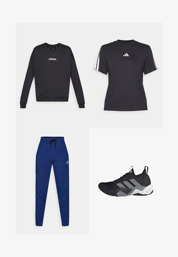 Zwarte Adidas sweatshirt met lange mouwen, ronde hals en wit logo op de borst. Gemaakt van zachte stof met geribbelde manchetten en zoom.; Zwarte sport T-shirt van zacht materiaal, met een ronde hals, korte mouwen en drie witte strepen op elke schouder. Witte logo op de borst.; Blauwe katoenen joggers met een elastische tailleband, een verstelbare zwarte trekkoord en een klein wit logo op de linker dij. Aansluitend ontwerp.; Zwarte sportieve schoen met een ademend mesh-bovenwerk, grijze accenten, gestructureerde zool en drie kenmerkende strepen aan de zijkant.