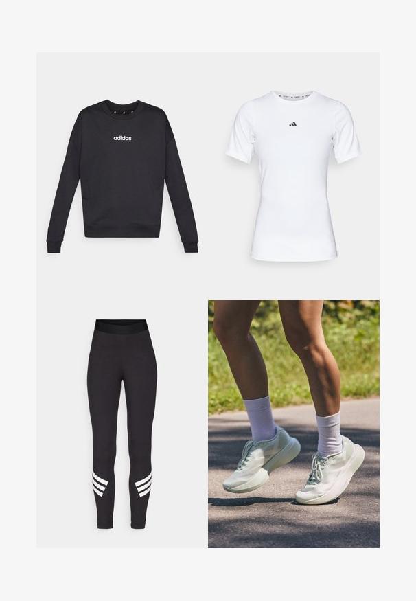 Čierna mikina Adidas s dlhými rukávmi, okrúhlym výstrihom a bielym logom na hrudi. Vyrobená z jemnej látky s ryhami na manžetách a spodnom leme.; Biela športová tričko s krátkymi rukávmi, vyrobené z hladkej, elastickej tkaniny. Obsahuje malé čierne logo Adidas na hrudi.; Čierne legíny vyrobené z elastického materiálu, s širokým pásom a tromi bielymi horizontálnymi pruhmi blízko dolnej časti nôh.; Svetlo mentolové športové topánky s hladkým povrchom, zaoblenou špicou a tlustou podrážkou. Spárované s bielymi členkovými ponožkami, zobrazené v pohybe na ceste.