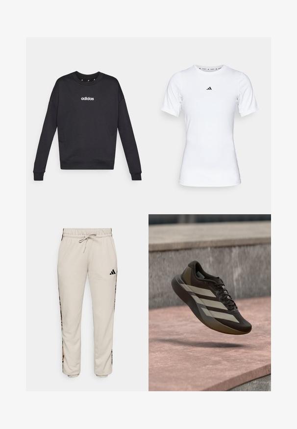 Mustad must Adidas särk pikal varrukatega, ümmarguse kaelusega ja valge logoga rinnal. Valmistatud pehmest kangast, millel on soonikkoes varrukaotsad ja alläär.; Valge lühikeste varrukatega sportlik särk, mis on valmistatud siledast ja venivast kangast. Rinnal on väike must Adidas'i logo.; Heledad beežid dressipüksid pehmest kangast, millel on nööriga vöökoht ja mustad külgpanelid leopardimustriga.; Pruun jooksujalanõu tekstuurse pealismaterjaliga, millel on laiad valged triibud, mustad paelad ja sile tald, mis on kujutatud hõljuvas asendis.
