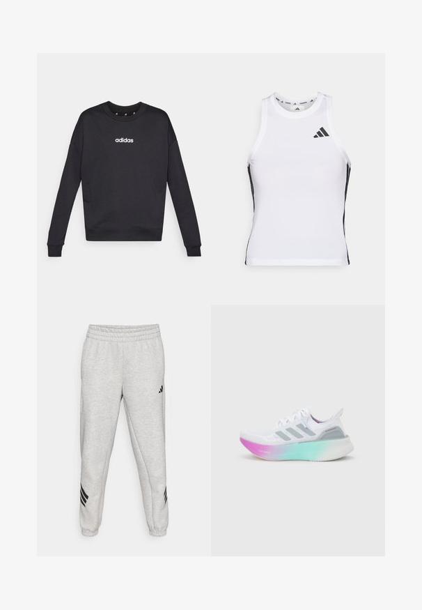 Čierna mikina Adidas s dlhými rukávmi, okrúhlym výstrihom a bielym logom na hrudi. Vyrobená z jemnej látky s ryhami na manžetách a spodnom leme.; Biely športový tielko s čiernymi bočnými akcentami a logom. Má výstrih v tvare lode a priliehavý strih, vyrobené z ľahkého, priedušného materiálu.; Svetlo sivé tepláky s rebrovaným elastickým pásom, zúženými nohavicami a tromi čiernymi diagonálnymi pruhmi blízko koncov nohavíc. Hladká textúra.; Biela bežecká obuv Adidas so sivými pruhmi a hrubou podrážkou prechádzajúcou z ružovej do zelenej, obsahujúca nápisy "Lightboost" a "Ultraboost".