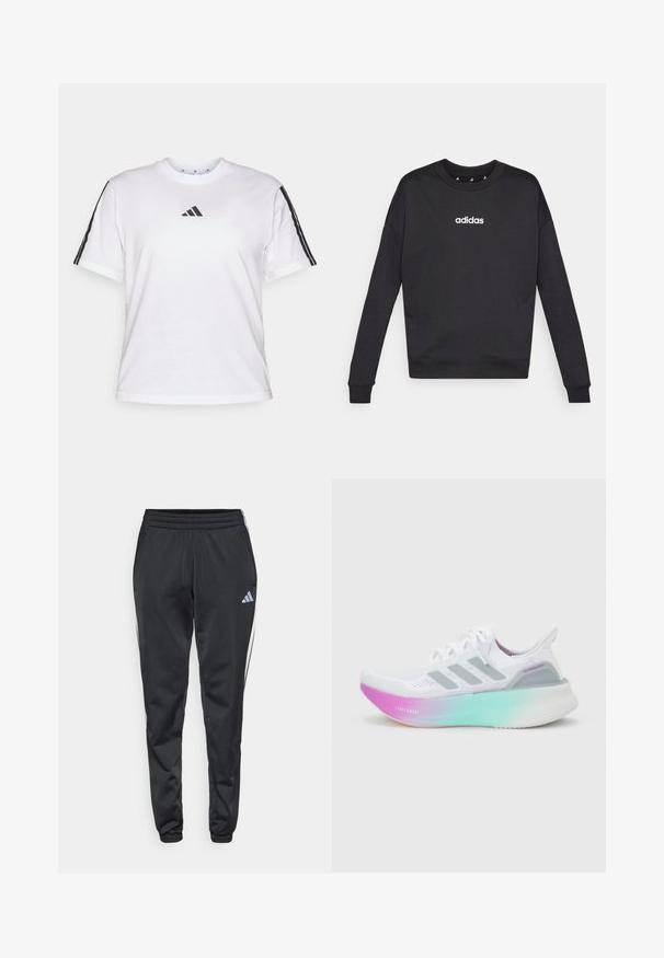 Čierna mikina Adidas s dlhými rukávmi, okrúhlym výstrihom a bielym logom na hrudi. Vyrobená z jemnej látky s ryhami na manžetách a spodnom leme.; Biela bavlnená tričko s okrúhlym výstrihom, krátkymi rukávmi a čiernymi trojprúžkovými akcentmi na pleciach so značkou Adidas na hrudi.; Čierne športové nohavice s elastickým pásom, zúženými nohavicami a bielymi bočnými pruhmi. Na ľavom stehne je malé šedé logo trefoil.; Biela bežecká topánka Adidas so svetlomodrou a ružovou gradientnou podrážkou, tromi sivými bočnými pásikmi a pleteným zvrškom so šnúrkami.