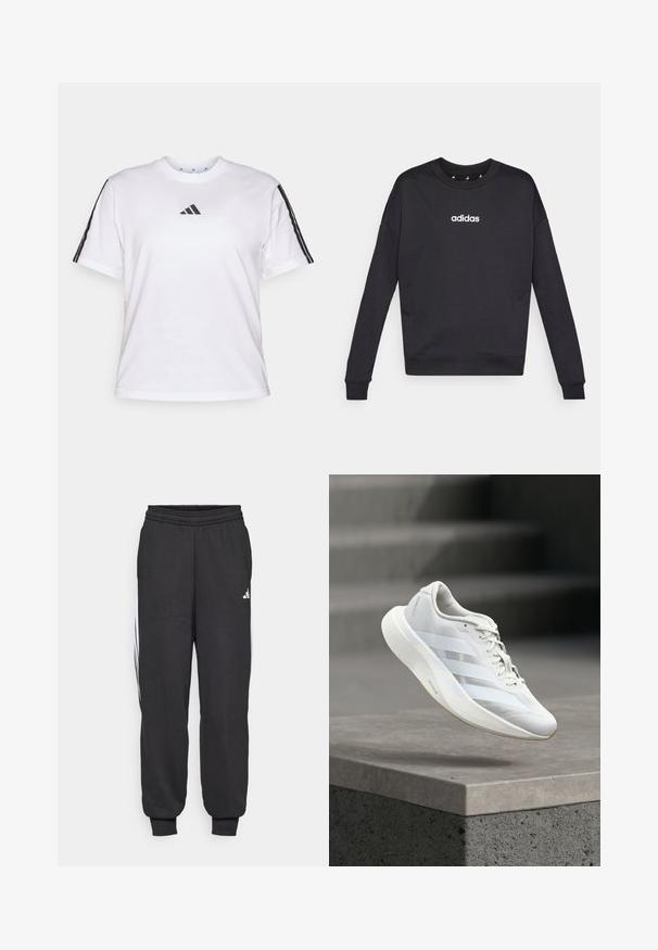 Μαύρη Adidas μπλούζα με μακριά μανίκια, στρογγυλή λαιμόκοψη και λευκό λογότυπο στο στήθος. Φτιαγμένη από μαλακό υλικό με ραμμένα μανίκια και στρίφωμα.; Λευκό βαμβακερό t-shirt με στρογγυλή λαιμόκοψη, κοντά μανίκια και μαύρες ρίγες τριών γραμμών στους ώμους, με το λογότυπο της Adidas στο στήθος.; Μαύρο αθλητικό παντελόνι με ελαστική μέση, tapered αστραγάλους και λευκές ρίγες στο πλάι. Κατασκευασμένο από μαλακό ύφασμα με απαλό άγγιγμα.; Άσπρο αθλητικό παπούτσι με υφασμένο επάνω μέρος, τρεις πλαϊνές ρίγες, μαξιλαρωμένη σόλα και στρογγυλεμένη μύτη, τοποθετημένο πάνω σε σκυρόδεμα.