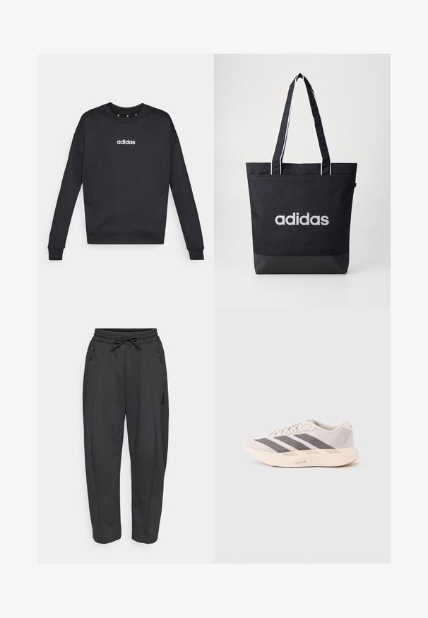 Sudadera negra de Adidas con mangas largas, cuello redondo y logo blanco en el pecho. Fabricada en tejido suave con puños y dobladillo de canalé.; Pantalones deportivos negros con cintura elástica, cordón ajustable, bolsillos con cremallera en los lados y piernas ajustadas. Fabricados con un tejido suave y texturizado.; Zapatillas deportivas ligeras en rosa pálido y gris, con una parte superior de malla, tres franjas oscuras y una suela gruesa color crema con la etiqueta "LIGHTSTRIKE PRO".; Bolsa de tote negra con el logo "adidas" en gris, hecha de un tejido duradero, con dos correas para el hombro y un panel inferior negro en contraste.