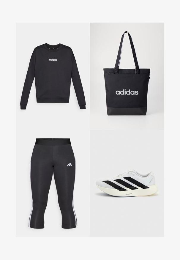 Sudadera negra de Adidas con mangas largas, cuello redondo y logo blanco en el pecho. Fabricada en tejido suave con puños y dobladillo de canalé.; Leggings capri negros con una cinturilla ancha, que cuentan con franjas laterales blancas y un logo de Adidas en blanco en el muslo izquierdo. Textura suave.; Zapatilla de running blanca con diseño negro de tres franjas en el lateral y suela blanca gruesa con la etiqueta "Lightstrike Pro" sobre fondo liso.; Bolsa de tote negra con el logo "adidas" en gris, hecha de un tejido duradero, con dos correas para el hombro y un panel inferior negro en contraste.