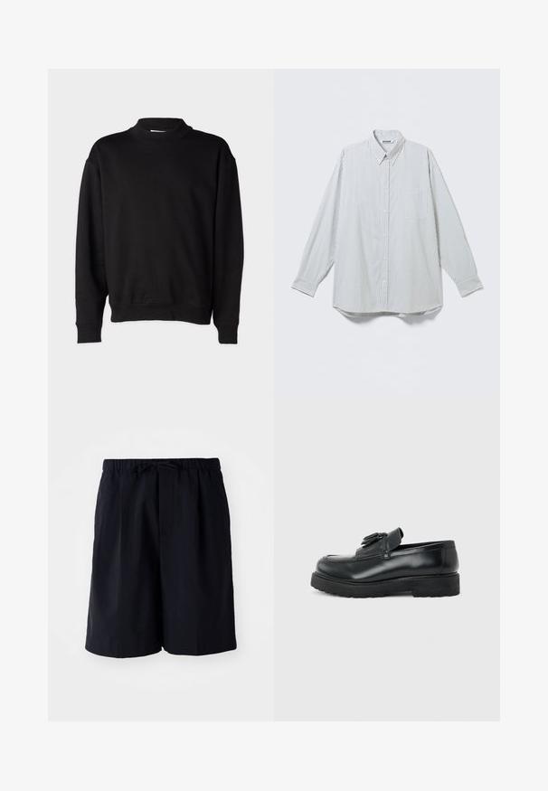 Sweatshirt noir avec un col montant côtelé, des manches longues et une coupe décontractée. Texture douce avec des poignets et un ourlet côtelés.; Chemise blanche à manches longues boutonnée avec fines rayures noires verticales et poche poitrine, présentée à plat sur un fond clair.; Shorts bleu marine en tissu léger, dotés d'une taille élastique avec cordon de serrage et de deux poches latérales, coupe droite.; Mocassin en cuir noir avec pampilles, semelle épaisse en caoutchouc et talon bas, présenté de profil sur un fond uni.