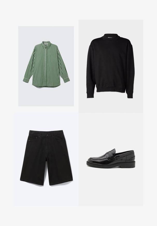 Sort sweatshirt med høj, ribbet krave, lange ærmer og en afslappet pasform. Blød tekstur med ribbede manchetter og kant.; Herre langærmet skjorte med knapper i lodrett grønne, hvide og brune striber, en forreste brystlomme og en krave, der kan knappes.; Sorte denim shorts til knæet med frontknap, bæltestropper og fem lommer, vist mod en hvid baggrund.; Sorte læder loafers med en glat finish, rund tå, lav hæl og dekorativ syning langs forsiden. Gummisål for godt greb.