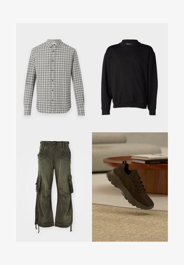Sweatshirt noir avec un col montant côtelé, des manches longues et une coupe décontractée. Texture douce avec des poignets et un ourlet côtelés.; Chemise à manches longues avec un motif à carreaux blanc et noir, col classique et boutons marron sur un fond uni.; Pantalons cargo verts olive en coton avec une coupe décontractée, dotés de poches latérales, de fermetures éclair aux chevilles et de cordons de serrage à l'ourlet.; Baskets de sport noires en maille avec une semelle épaisse sont exposées sur un tapis beige, avec une table basse en bois et des livres en arrière-plan.