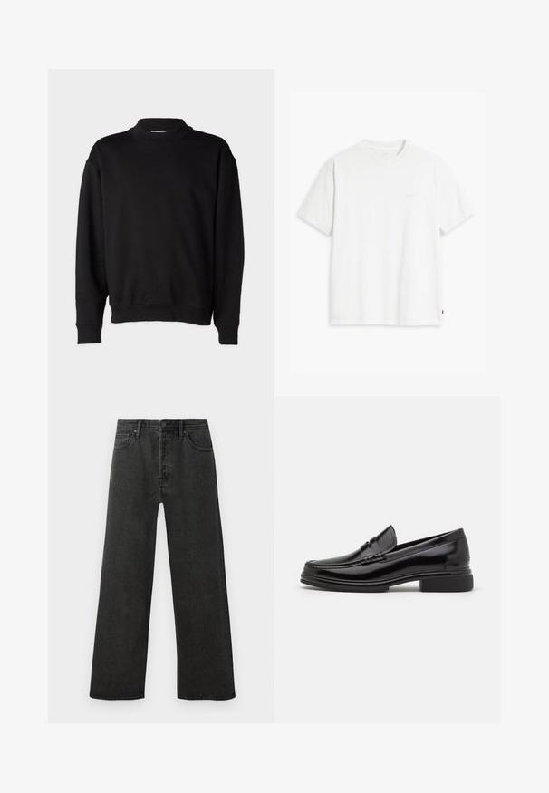 Sort sweatshirt med høj, ribbet krave, lange ærmer og en afslappet pasform. Blød tekstur med ribbede manchetter og kant.; Hvid t-shirt i bomuld med korte ærmer, rund halsudskæring og en diskret "Levi's"-logo trykt i lyse farver på forsiden.; Sorte højtaljede lige ben jeans i denim med frontknap, lynlås og fem lomme-design på en hvid baggrund.; Sorte læder loafers med en rund tå, der har en syet detalje over vristen og en lav blokhæl. Glat tekstur og blank finish.