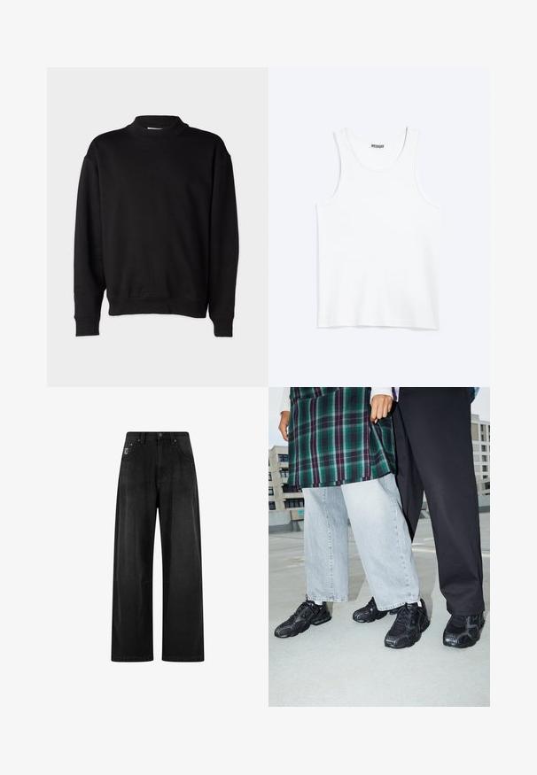 Sort sweatshirt med høj, ribbet krave, lange ærmer og en afslappet pasform. Blød tekstur med ribbede manchetter og kant.; Hvid ærmeløs tanktop med rund halsudskæring og Weekday-mærke på den indvendige baghals, vist fladt på lys baggrund.; Bredde ben sorte denim bukser med høj talje, der har fire lommer og et lille logo-tag på forsiden. Glat tekstur, enkel design.; Sorte atletik sko med mesh- og gummidetaljer. Båret med lysegrå vide jeans og en ternet grøn bluse. Flad overflade i baggrunden.
