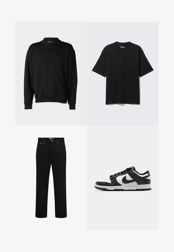 Zwarte sweatshirt met een hoge, geribbelde kraag, lange mouwen en een relaxte pasvorm. Zachte textuur met geribbelde manchetten en onderrand.; Zwart T-shirt met korte mouwen, losse pasvorm en ronde hals, plat afgebeeld op een lichtgrijze achtergrond.; Zwarte jeans met rechte pijpen, voorzakken, riemlussen, knoopsluiting en zichtbare stikseldetails.; Zwart-witte Nike Dunk sneakers met een leren bovenwerk, geperforeerde neus, zwarte veters en een zwarte rubberen zool met profiel.