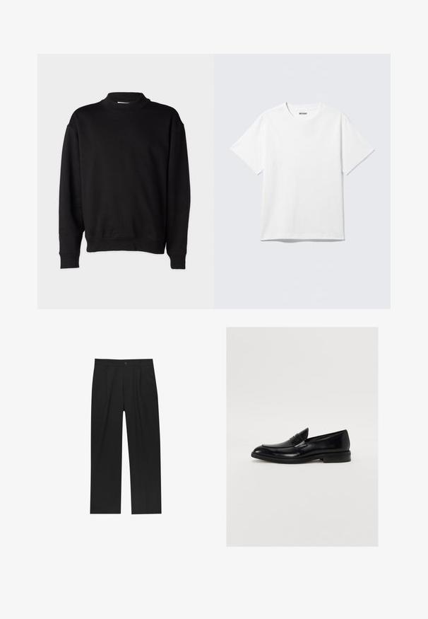 Sweatshirt noir avec un col montant côtelé, des manches longues et une coupe décontractée. Texture douce avec des poignets et un ourlet côtelés.; T-shirt blanc à manches courtes et col rond, étalé à plat, design uni, avec l'étiquette "WEEKDAY" à l'intérieur du col sur un fond clair.; Pantalons noirs au design droit, fabriqués à partir d'un tissu lisse. Dotés de plis sur le devant et d'une fermeture à un bouton à la taille.; Mocassin en cuir noir avec une pointe arrondie, des coutures discrètes et une finition lisse. Doté d'un talon bas empilé et d'une sangle sur le cou-de-pied.