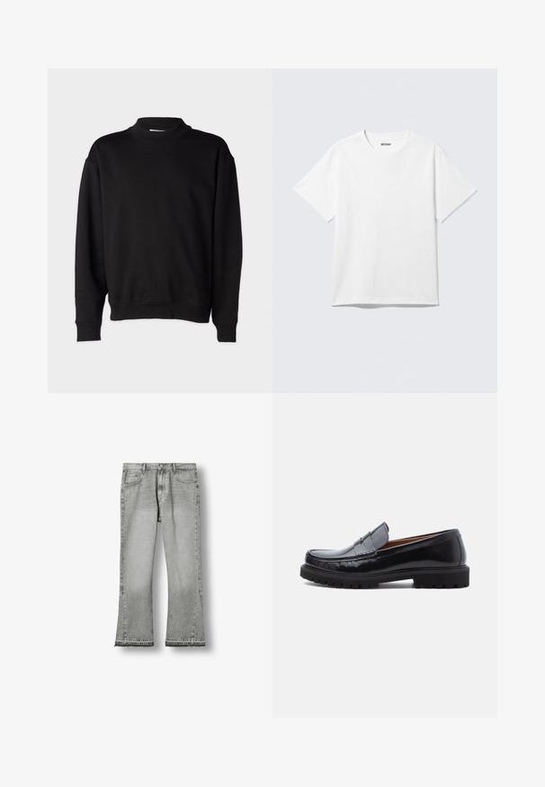 Sweatshirt noir avec un col montant côtelé, des manches longues et une coupe décontractée. Texture douce avec des poignets et un ourlet côtelés.; T-shirt blanc à manches courtes et col rond, étalé à plat, design uni, avec l'étiquette "WEEKDAY" à l'intérieur du col sur un fond clair.; Jean gris à jambes larges avec poches avant et arrière, passants de ceinture, fermeture par bouton et ourlet brut.; Mocassin penny en cuir noir avec semelle en caoutchouc épaisse et couture moc toe, montré de profil sur un fond blanc.