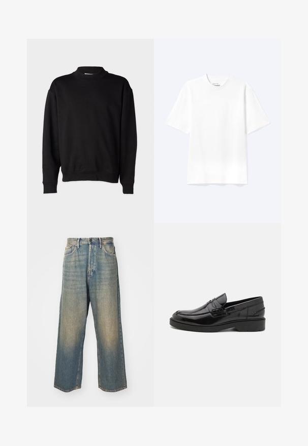 Sort sweatshirt med høj, ribbet krave, lange ærmer og en afslappet pasform. Blød tekstur med ribbede manchetter og kant.; Enkel hvid T-shirt med korte ærmer og rund hals med afslappet pasform, vist på en lys baggrund.; Høj talje, lige ben, falmede blå denimjeans med forlommer og knaplukning på en lys baggrund.; Sorte læder loafers med en glat finish, rund tå, lav hæl og dekorativ syning langs forsiden. Gummisål for godt greb.