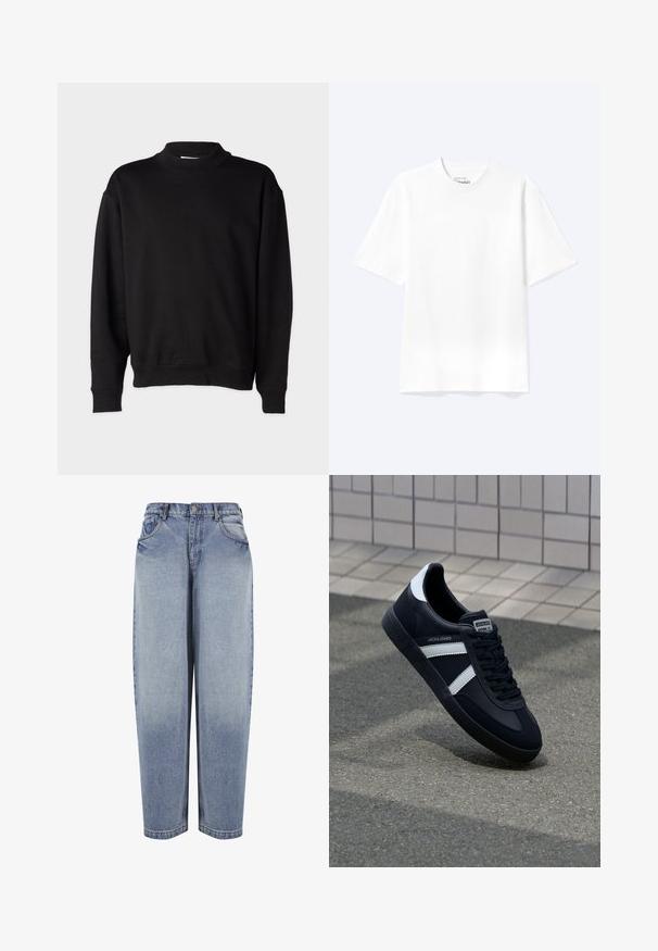 Sort sweatshirt med høj, ribbet krave, lange ærmer og en afslappet pasform. Blød tekstur med ribbede manchetter og kant.; Enkel hvid T-shirt med korte ærmer og rund hals med afslappet pasform, vist på en lys baggrund.; Blå high-waisted løstsiddende jeans med forlommer, bæltestropper, knaplukning og falmede detaljer langs benene.; Sort lædersneaker med hvide striber, tekstureret gummisål og snørrebånd foran. Har et brandet mærke på tungen.