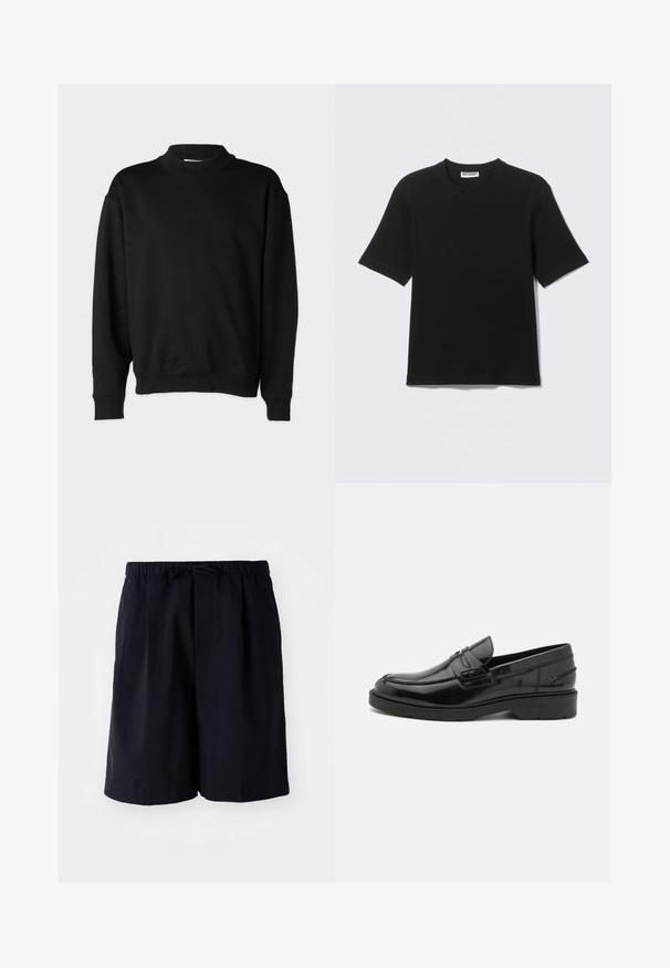 Sweatshirt noir avec un col montant côtelé, des manches longues et une coupe décontractée. Texture douce avec des poignets et un ourlet côtelés.; T-shirt noir à manches courtes avec col rond, portant une étiquette "WEEKDAY" à l'intérieur du col, présenté à plat sur un fond clair.; Shorts bleu marine en tissu léger, dotés d'une taille élastique avec cordon de serrage et de deux poches latérales, coupe droite.; Mocassins en cuir noir avec une finition lisse, un bout rond, un petit talon et descoutures décoratives à l'avant. Semelle en caoutchouc pour l'adhérence.