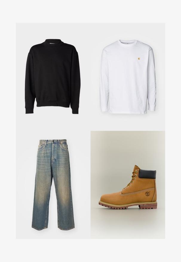 Zwarte sweatshirt met een hoge, geribbelde kraag, lange mouwen en een relaxte pasvorm. Zachte textuur met geribbelde manchetten en onderrand.; Witte lange mouwen t-shirt van katoen. Voorzien van een klein gouden logo op de borst en een ronde hals. Eenvoudig ontwerp en standaard pasvorm.; High-rise, rechte, vervaagde blauwe spijkerbroek met zakken aan de voorkant en een knoopsluiting op een lichte achtergrond.; Bruine leren enkellaars met zwarte kraag, gele veters en een zandkleurige zool. Voorzien van een logo en witte stikseldetails. Robuuste loopzool met grip.