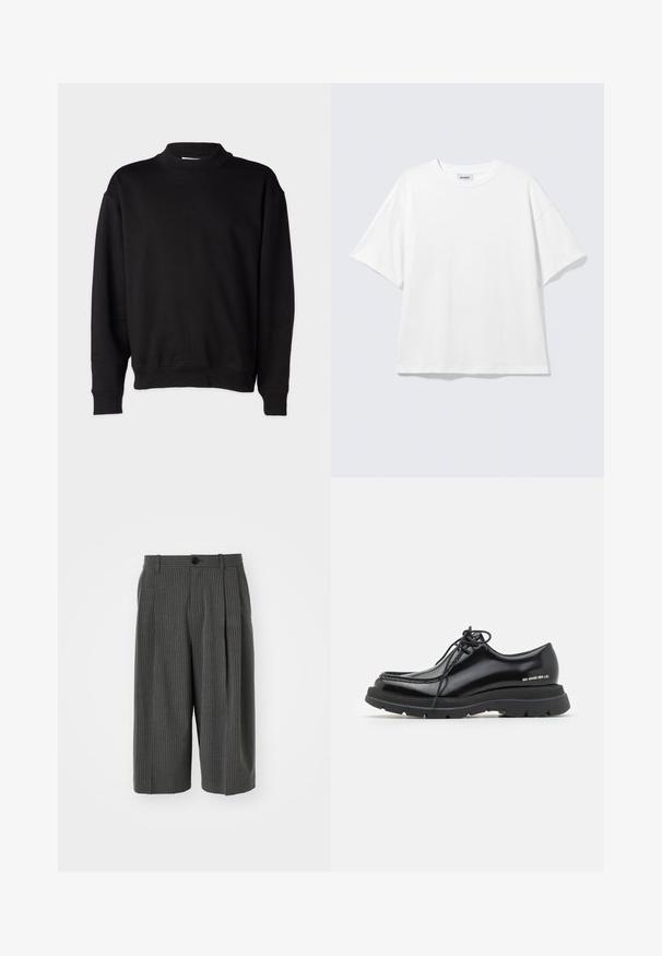 Sort sweatshirt med høj, ribbet krave, lange ærmer og en afslappet pasform. Blød tekstur med ribbede manchetter og kant.; Hvid oversized t-shirt med korte ærmer og rund halsudskæring med sænkede skuldre, fladt lagt på lys grå baggrund.; Grå stribede shorts med vid benvidde, knaplukning og plisseret forside. Fremstillet af et tekstureret materiale, der har et skræddersyet design.; Sorte læder dressko med rund tå, tyk gummisål, snørebåndsdesign og markant syning langs kanten.