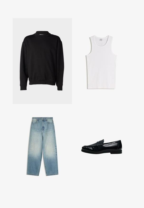 Schwarzer Sweatshirt mit hohem, geripptem Kragen, langen Ärmeln und lockerer Passform. Weiche Textur mit gerippten Bündchen und Saum.; Weißes Baumwoll-Tanktop mit rundem Ausschnitt und breiten Trägern. Glatte Textur, keine Muster oder Akzente, schlichtes Design.; Hellblaue Jeans mit weitem Bein, vorderen Taschen, Knopfverschluss und ausgewaschenen Bereichen an Oberschenkeln und Knien.; Schwarzer Herren-Pennyloafer aus Leder mit genähter Mokassinnaht und niedrigem Absatz, seitlich auf weißem Hintergrund dargestellt.