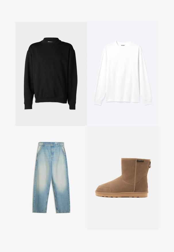 Schwarzer Sweatshirt mit hohem, geripptem Kragen, langen Ärmeln und lockerer Passform. Weiche Textur mit gerippten Bündchen und Saum.; Langärmliges, schlichtes weißes Hemd mit Rundhalsausschnitt und gerippten Bündchen, dargestellt auf einem neutralen hellen Hintergrund.; Hellblaue, ausgewaschene Jeans mit lockerem Sitz, Seitentaschen, Gürtelschlaufen und einem Knopfverschluss an der Taille.; Brauner halbhoher Wildlederstiefel mit flacher, hellbrauner Gummisohle und kleinem Stofflasche hinten, Seitenansicht.