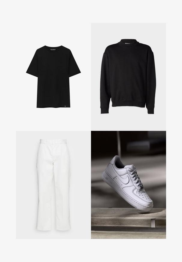 Zwarte sweatshirt met een hoge, geribbelde kraag, lange mouwen en een relaxte pasvorm. Zachte textuur met geribbelde manchetten en onderrand.; Zwart t-shirt met korte mouwen van katoen, met een ronde hals en een klein merkembleem op de linkeronderkant.; Witte katoenen broek met een recht model, riemlussen en zijzakken, met een gladde textuur en minimale detaillering.; Witte Nike Air Force 1 sneaker van leer met geperforeerde neus, platte veters en een gestructureerde rubberen zool met "AIR"-logo aan de zijkant.
