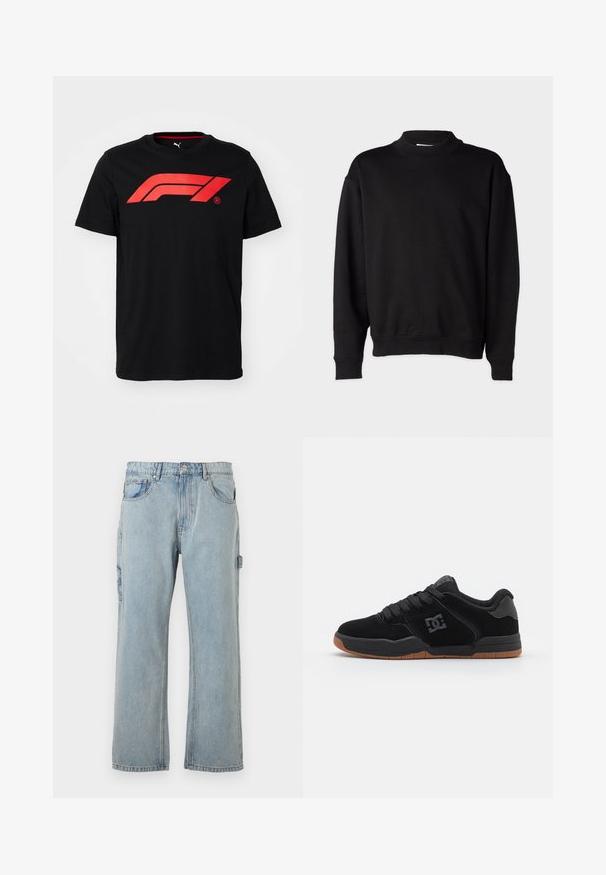 Zwarte sweatshirt met een hoge, geribbelde kraag, lange mouwen en een relaxte pasvorm. Zachte textuur met geribbelde manchetten en onderrand.; Zwarte katoenen T-shirt met op de voorkant een groot rood Formule 1-logo. Ronde halslijn en korte mouwen, zachte textuur.; Lichtblauwe denim cargobroek met een relaxte pasvorm, voorzien van zijzakken, een rechte pijp ontwerp en zichtbare stikdetails.; Zwarte suede sneaker met een rubberen zool, voorzien van een zwart logo op de zijkant en zwarte veters. Ronde neus en laag ontwerp.