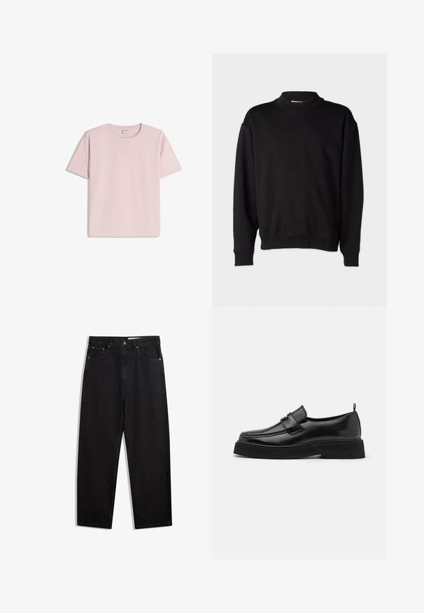 Sweatshirt noir avec un col montant côtelé, des manches longues et une coupe décontractée. Texture douce avec des poignets et un ourlet côtelés.; T-shirt en coton rose à manches courtes et col rond. Texture lisse, coupe décontractée, sans motifs ni accents visibles.; Pantalons en denim noir à coupe évasée. Comprend cinq poches, fermeture à bouton en métal et coutures contrastées. Texture lisse, design minimaliste.; Chaussures en cuir noir de style mocassin avec une semelle plate et texturée, présentant un bout piqué et une sangle traversant le cou-de-pied.