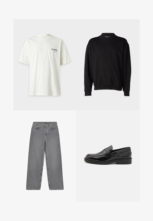 Sweatshirt noir avec un col montant côtelé, des manches longues et une coupe décontractée. Texture douce avec des poignets et un ourlet côtelés.; T-shirt blanc à manches courtes avec texte noir "ALLSAINTS" et caractères japonais imprimés sur le côté gauche de la poitrine.; Jean gris à taille large en denim, avec un design classique à cinq poches, fermeture à bouton métallique et détails de couture discrets.; Mocassins en cuir noir avec une finition lisse, un bout rond, un petit talon et descoutures décoratives à l'avant. Semelle en caoutchouc pour l'adhérence.