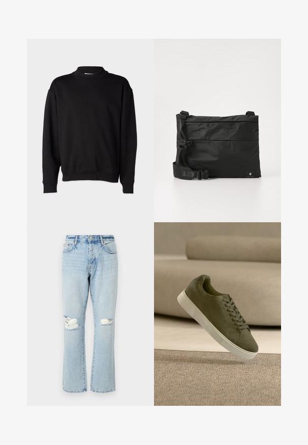 Sort sweatshirt med høj, ribbet krave, lange ærmer og en afslappet pasform. Blød tekstur med ribbede manchetter og kant.; Lyseblå slidte jeans med huller ved knæene, lige ben, fem lommer og denimstof med en falmet tekstur.; Sneaker i olivengrønt ruskind med hvid sål og snørebånd, der svæver over et beige tæppe foran en lysebeige sofa.; Sort nylon messenger-taske med justerbar rem, fladt design og et sideetiket med et logo. Glat tekstur og minimalistisk stil.