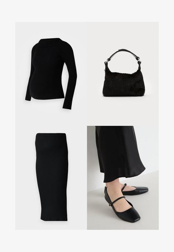 Suéter de maternidad negro de canalé con mangas largas, cuello amplio doblado y silueta ajustada, diseñado para brindar comodidad y estilo durante el embarazo.; Falda midi de punto negro acanalado con una silueta ajustada y un cinturón ancho. Textura suave, sin patrones ni acentos visibles.; Zapatos planos negros con diseño de punta cuadrada, hechos de cuero suave, con una sola correa que cruza el pie y un pequeño acento decorativo.; Bolso de mano de piel sintética negra con una textura suave, forma redondeada y una resistente correa de cuero negro para el hombro. Acentos de herrajes plateados visibles.