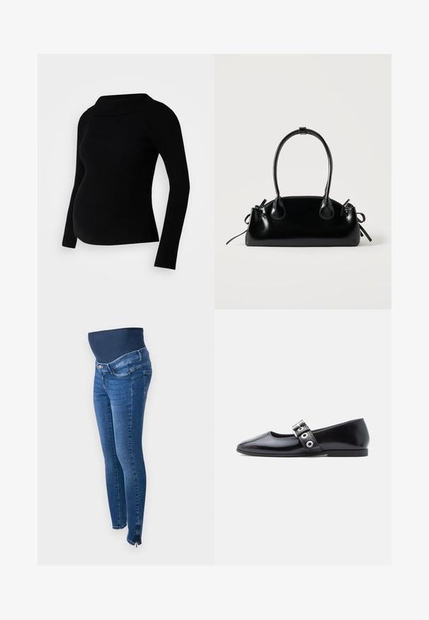 Sort ribbet graviditetstrøje med lange ærmer, bredt foldet halsudskæring og tætsiddende silhuet, designet til komfort og stil under graviditeten.; Graviditetsjeans i mørkeblå denim. Slim fit med et strækbart, støttende mavebånd. Har sidelommer med lynlås ved anklen.; Sort laklæder flad sko med firkantet tå, sidespænde detalje og en lav, rund hæl. Glat tekstur og minimalistisk design.; Lille sort blank håndtaske med to lange håndtag og snøre-detaljer i siden på en ensfarvet lys baggrund.
